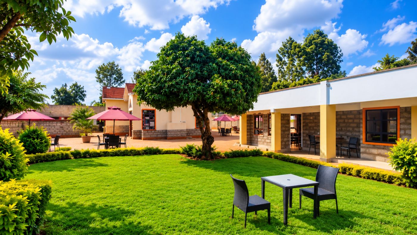 Golden hour view of the garden and terrace at Peak Meadows Hotel Nyeri